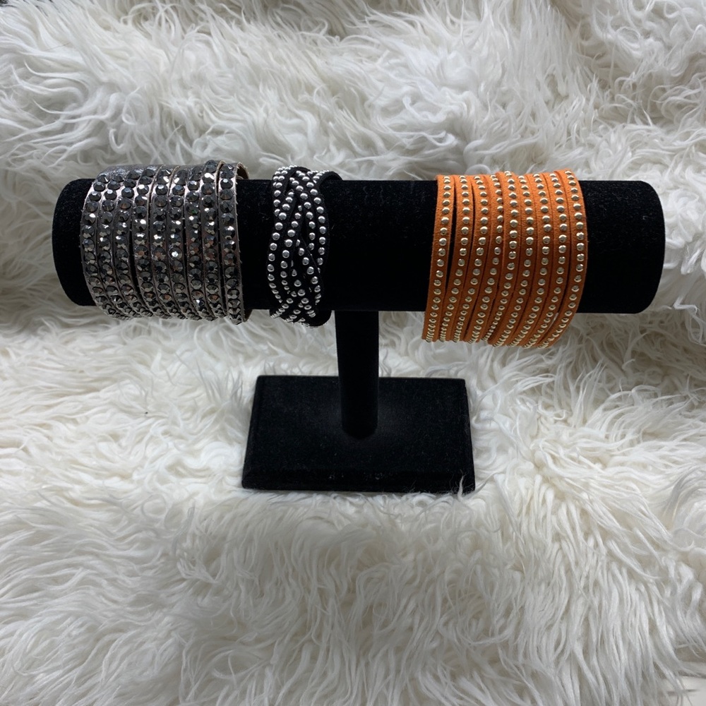 Suede bracelets with silver studs and jewels